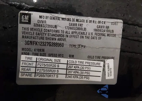 2007 Chevrolet Avalanche 1500 Lt from USA, damaged, VIN 3GNFK12327G288960